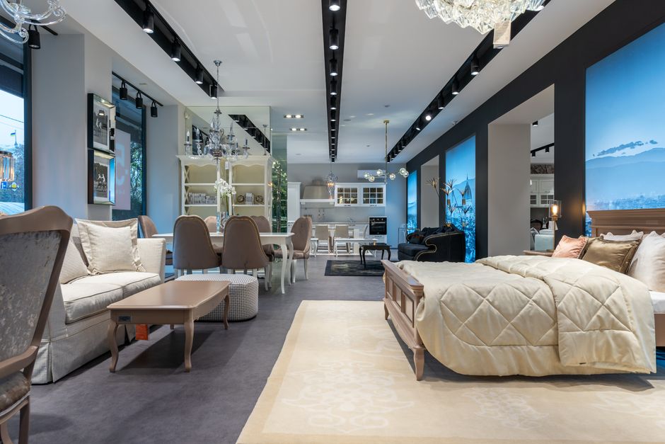 Modern custom furniture showroom displaying a beautifully crafted living room setup